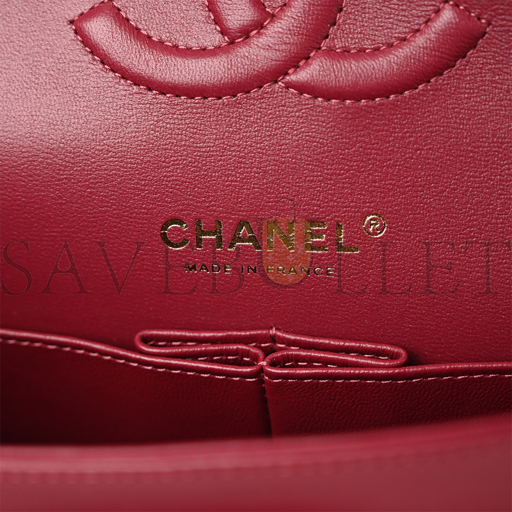 Ch*el calfskin quilted medium double flap dark red rose gold hardware (25*15*6cm)